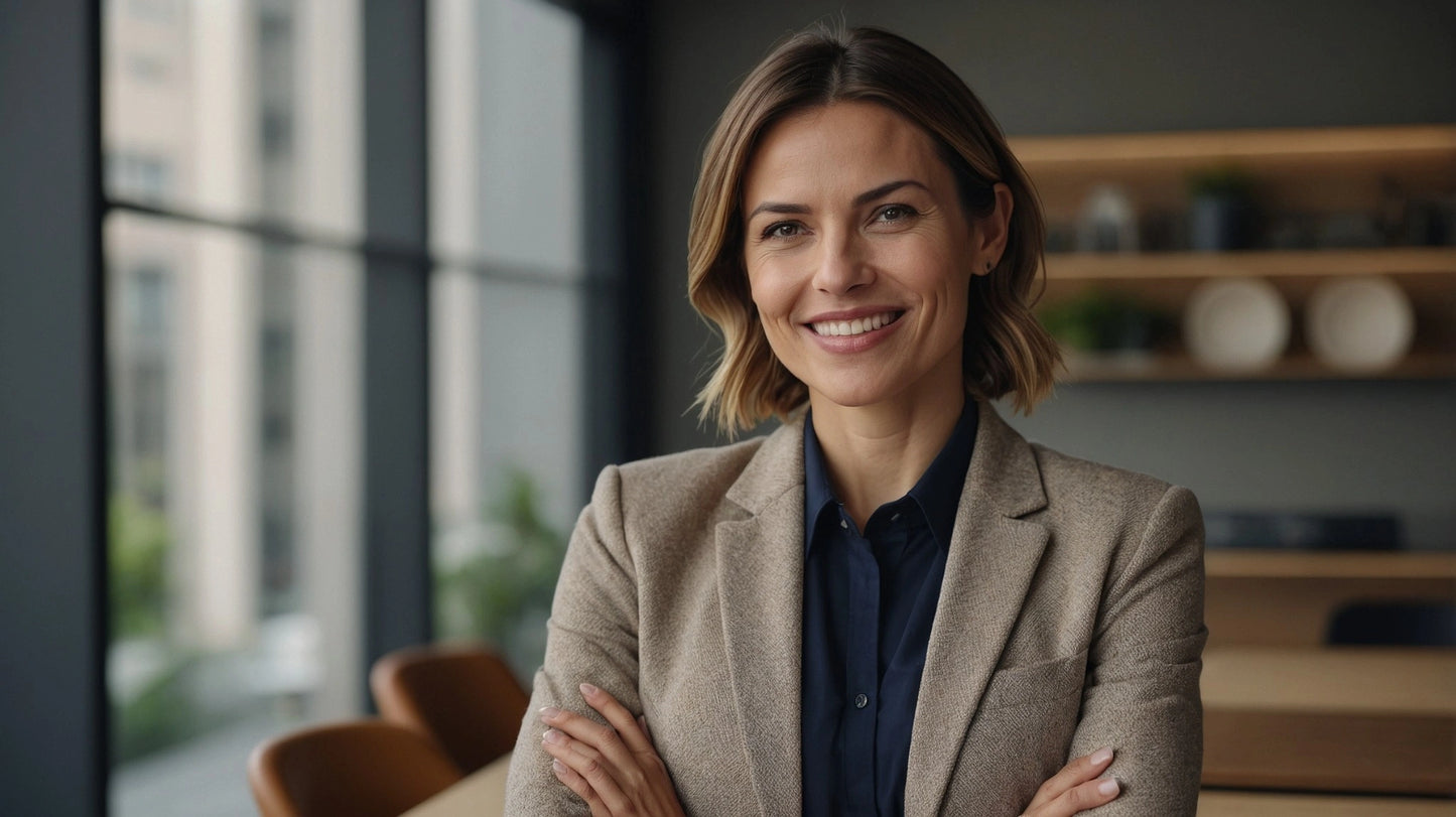 Portrait d’une professionnelle souriante en tailleur beige, renforçant la crédibilité du programme NeuroFem.