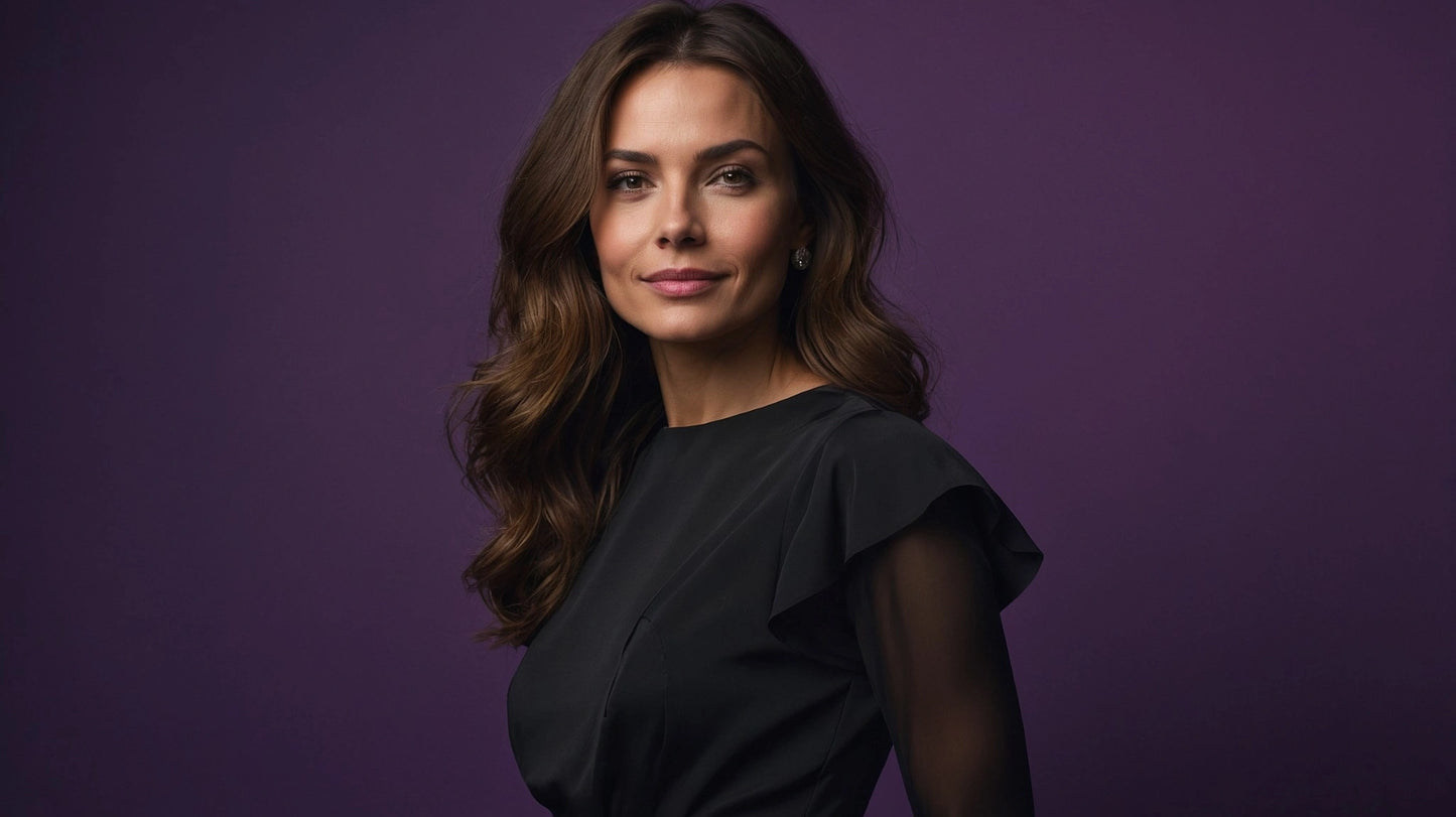 Femme élégante confiante en robe noire sur fond violet, symbolisant l'empowerment féminin et la sérénité du programme NeuroFem.