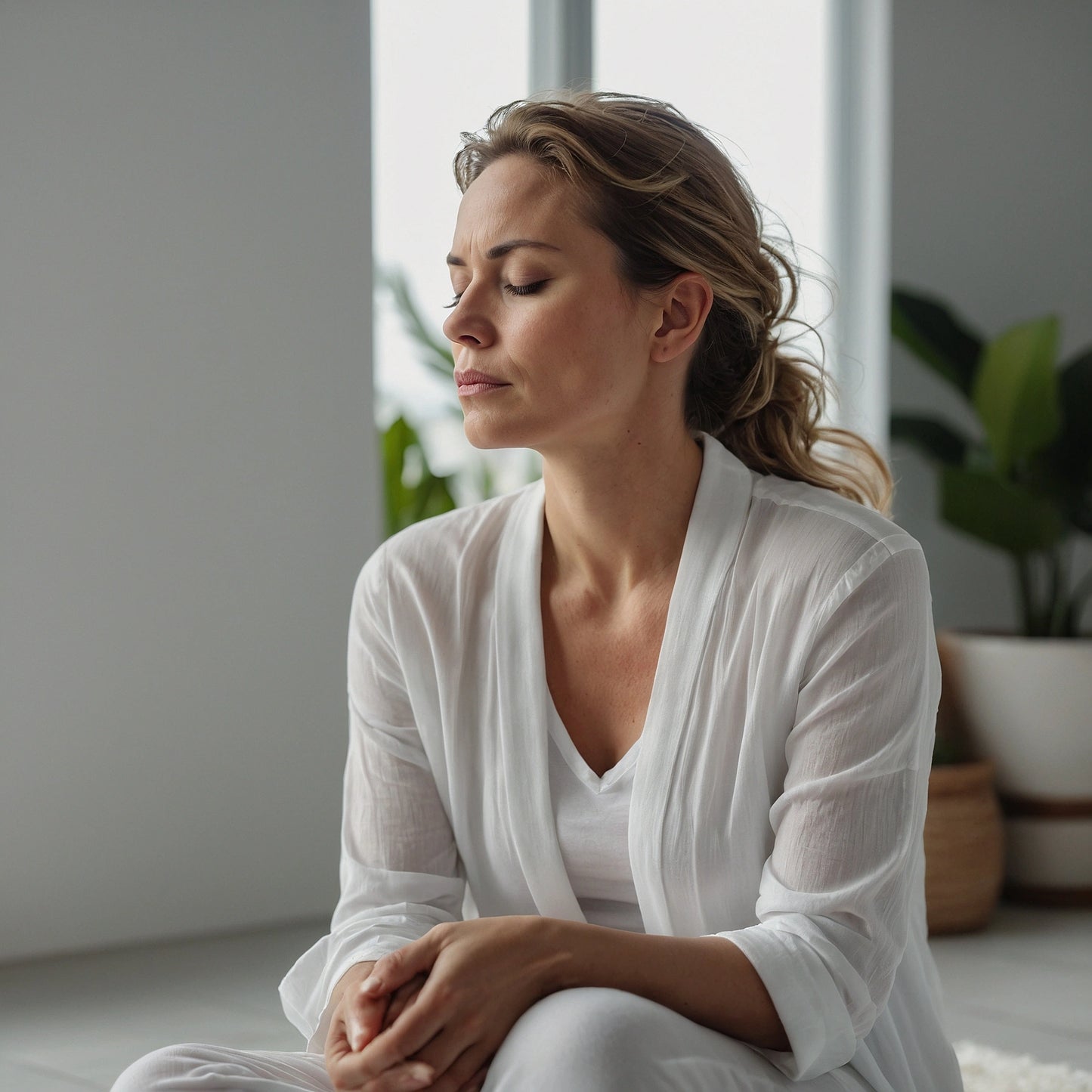 Femme sereine en méditation dans un intérieur lumineux, représentant l’approche holistique du programme NeuroFem.

