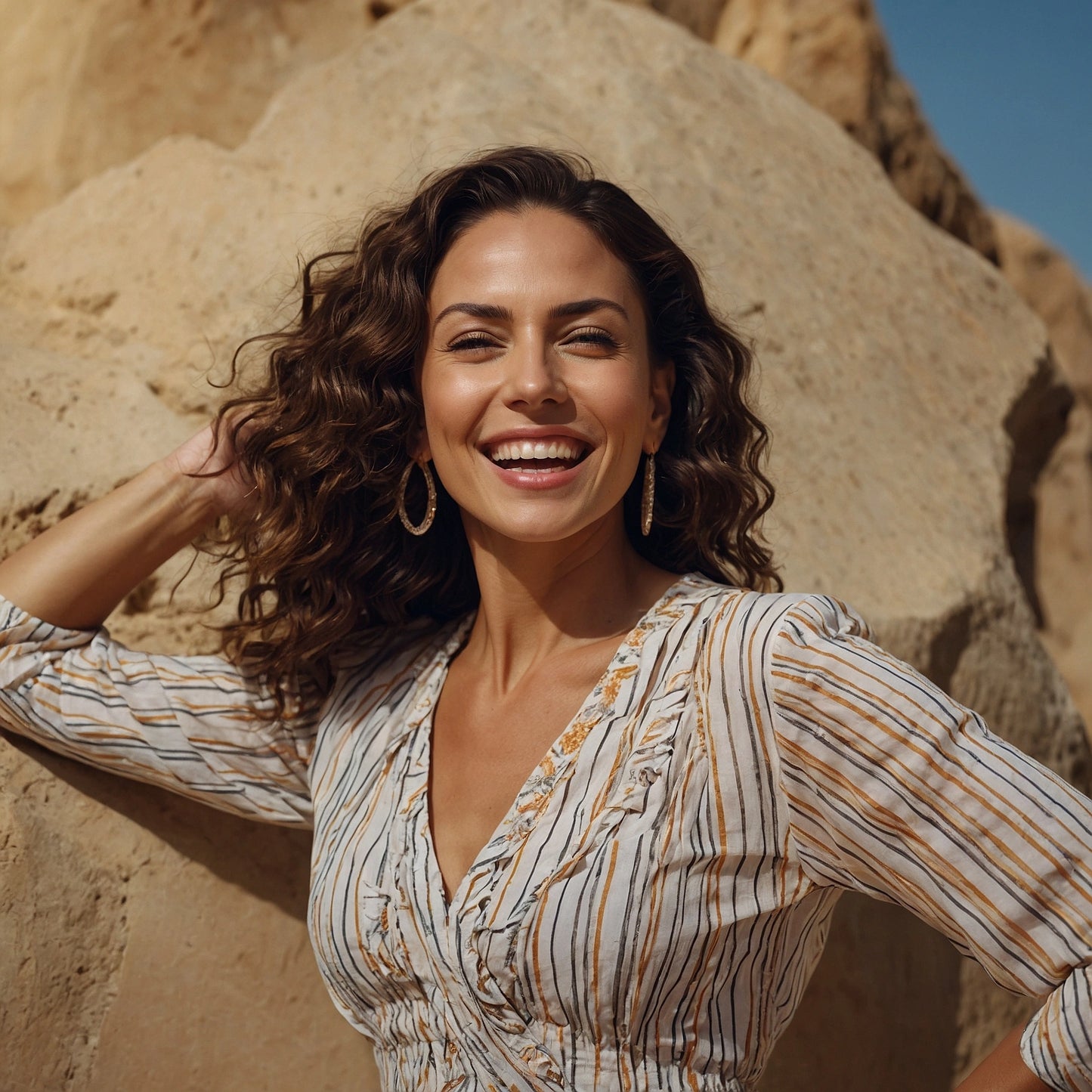 Femme rayonnante avec cheveux bouclés devant un décor rocheux, représentant la transformation et l’énergie retrouvée grâce à NeuroFem.