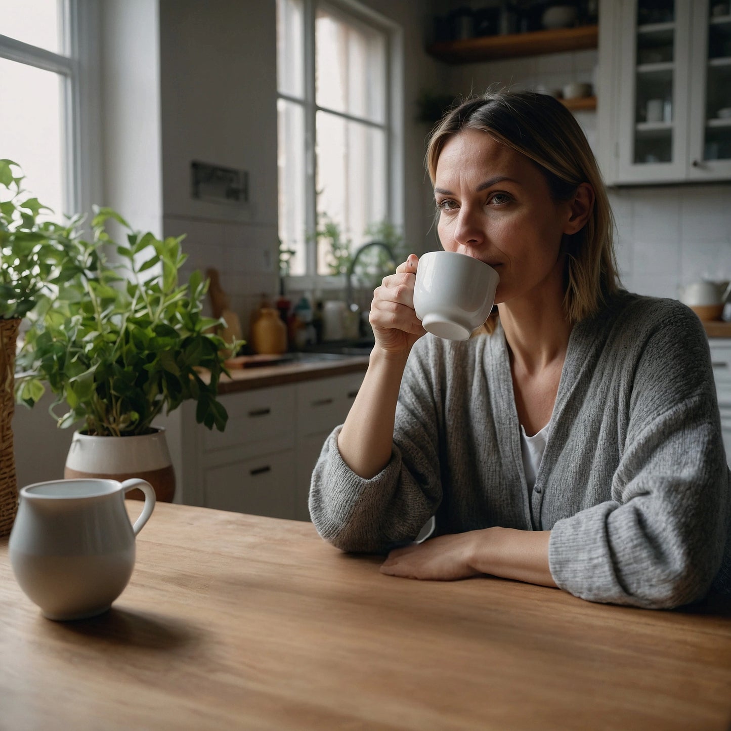 Femme détendue prenant une tisane dans sa cuisine, illustrant un rituel bien-être et ancrage quotidien NeuroFem.