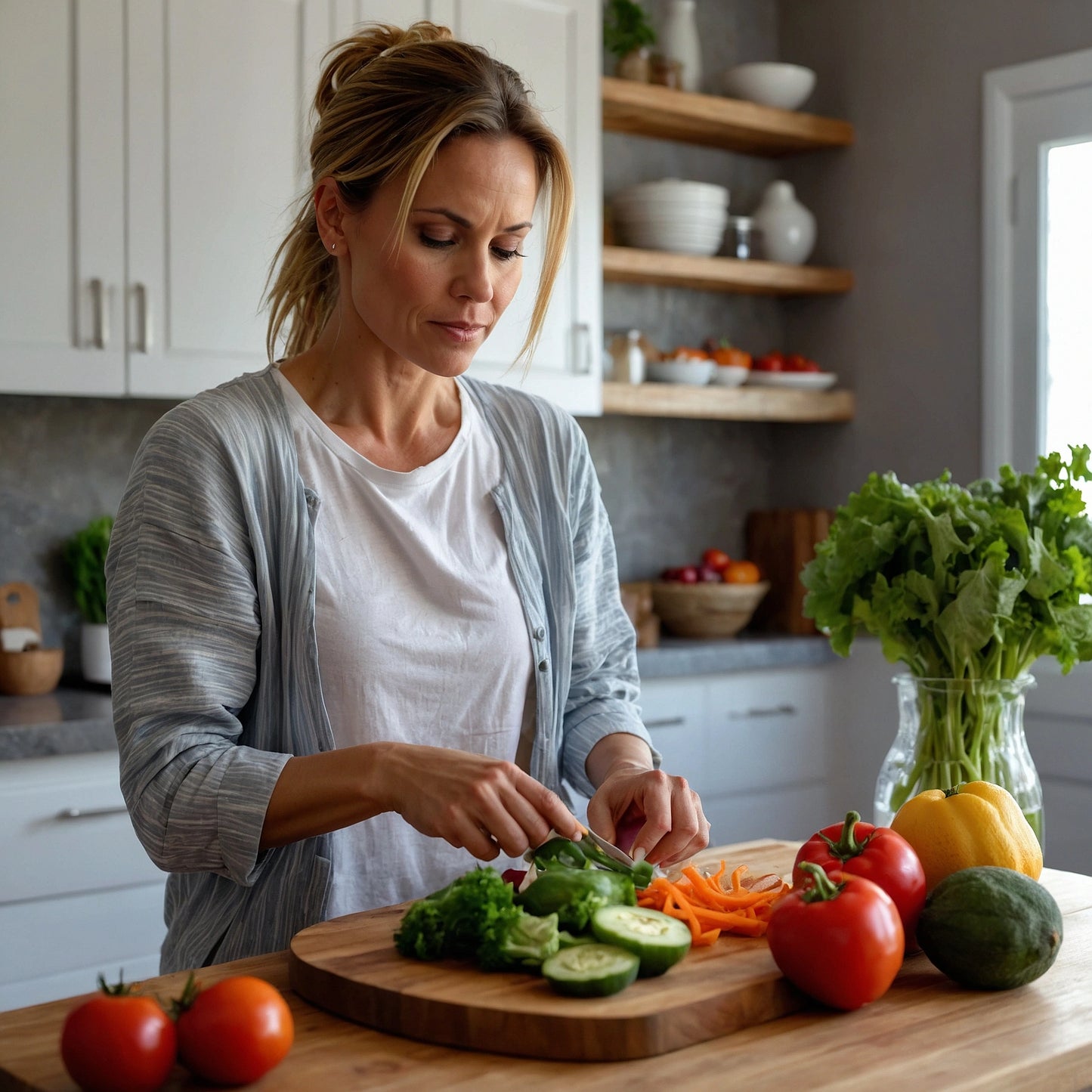Femme préparant des légumes frais dans une cuisine moderne, image liée à la nutrition ancestrale NeuroFem.

